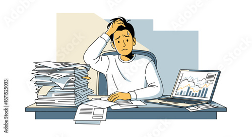 Overwhelmed office worker surrounded by paperwork and laptop.