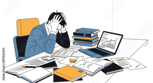 Overwhelmed office worker surrounded by paperwork and digital data.