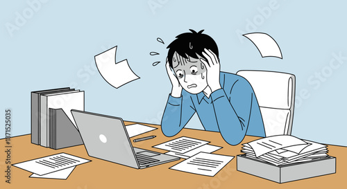 Overwhelmed office worker surrounded by paperwork and laptop.