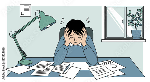 Overwhelmed office worker surrounded by paperwork and stress.