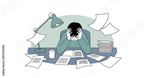 Overwhelmed person surrounded by paperwork and documents at a desk.