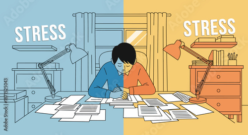 Man sitting at desk surrounded by papers experiencing stress in different environments.