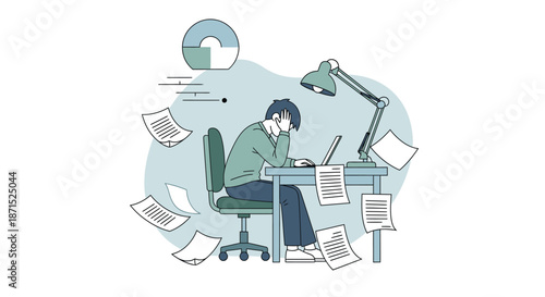A person overwhelmed with work sitting at a desk with papers and a laptop.