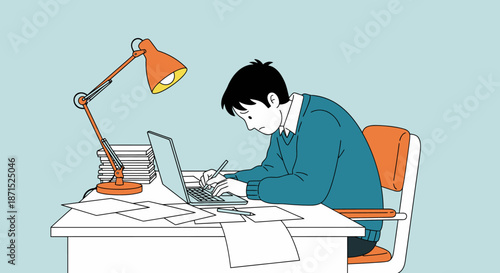 Man working on laptop at cluttered desk with papers and lamp.