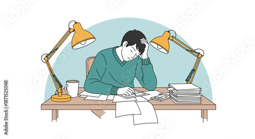Man sitting at desk overwhelmed by paperwork and documents.