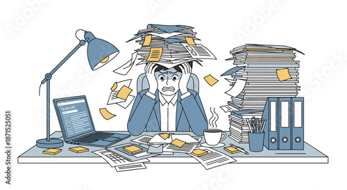 Overwhelmed office worker surrounded by paperwork and documents.