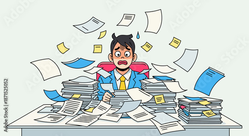 Overwhelmed office worker surrounded by paperwork and documents.