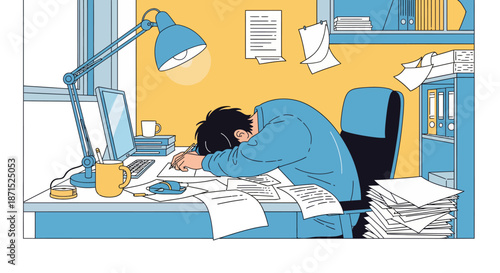 Exhausted office worker sleeping at desk surrounded by paperwork.
