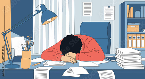 Tired office worker resting head on papers at desk.