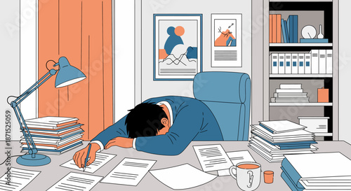 Exhausted office worker resting on desk surrounded by papers and office supplies.