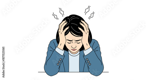 Stressed woman with headache at workplace desk.