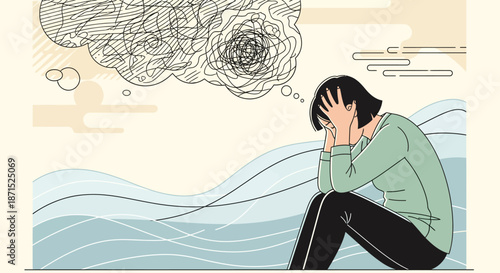 A person sitting alone with a troubled expression, surrounded by a chaotic thought bubble.