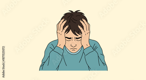 A young man experiencing stress and frustration with his hands on his head.