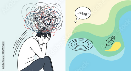 Man sitting with confused thoughts and a serene natural landscape.