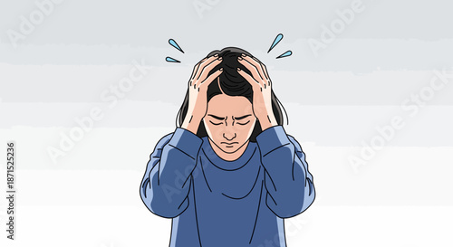 Young woman experiencing stress and anxiety with hands on head.