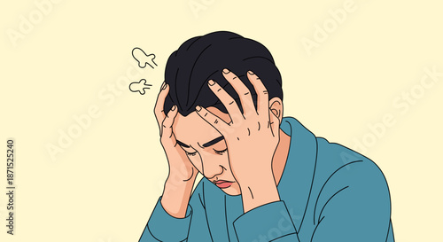 Man experiencing stress and anxiety with hands on head.