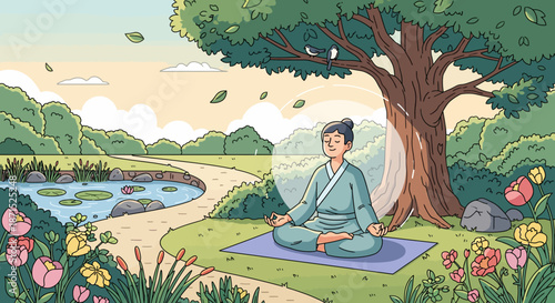Serene illustration of a person meditating in a peaceful natural setting.