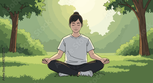 Young man meditating peacefully in a serene natural setting.