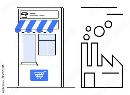 E-commerce, digital marketplaces, industry connection, production processes, supply chain, business management. Mobile storefront with shopping cart, factory with gears and smoke. E-commerce