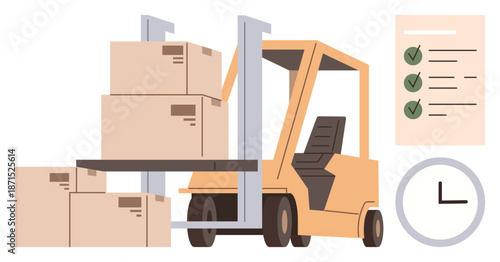 Logistics planning, warehouse operations, inventory checks, supply chain management, packaging services, punctual delivery. Forklift lifting boxes near a checklist and clock. Logistics and warehouse