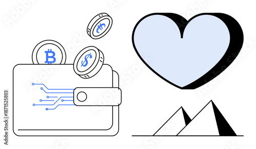 Cryptocurrency, digital transactions, finance, blockchain, modern economy, abstract design. A wallet with Bitcoin and Dollar coins near a heart and pyramids. Cryptocurrency and digital transactions