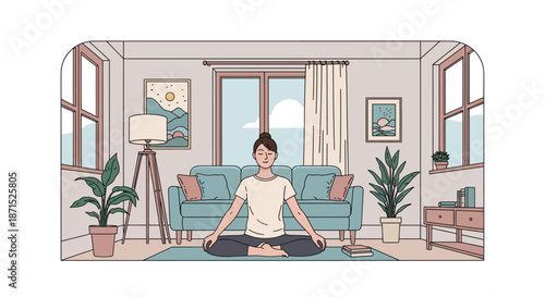 Man practicing yoga in a serene living room with plants and soft lighting.
