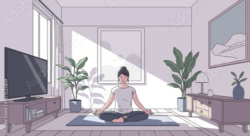 Woman Practicing Yoga in a Serene Living Room with Natural Light.