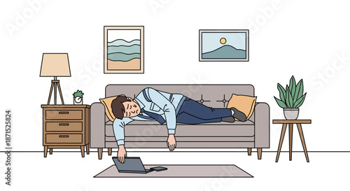 Man relaxing on sofa with laptop in a cozy living room.