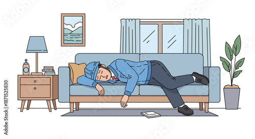 Man sleeping on a couch in a living room with furniture and decor.