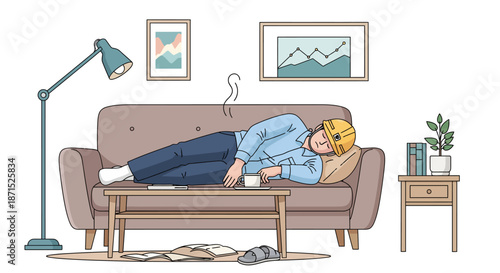 Man sleeping peacefully on a couch with a lit cigarette.