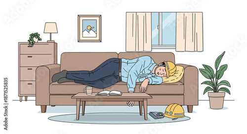 Man lying on a couch in a living room with a coffee table and furniture.