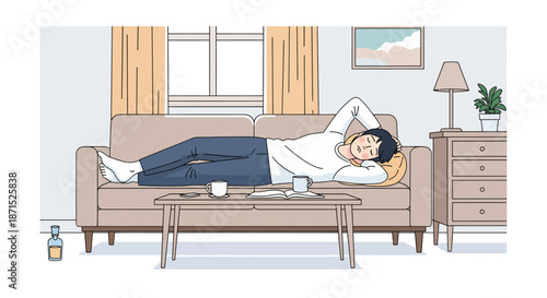 Man Relaxing on Sofa in Living Room with Coffee Table.