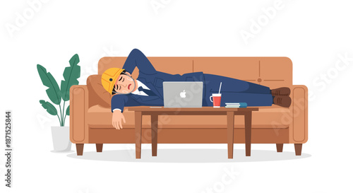 Man relaxing on a couch with laptop and coffee.