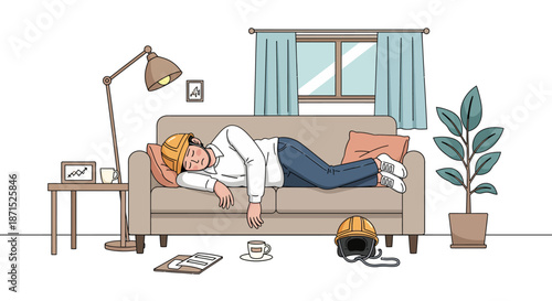 Man resting on a couch in a cozy living room with a lamp and plants.