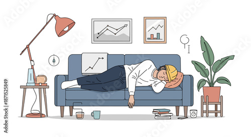 Man sleeping on a couch surrounded by office supplies and graphs.