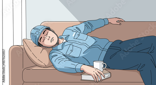 Man relaxing on couch with a cup of coffee.
