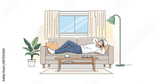 Woman relaxing on a couch in a cozy living room with a floor lamp and potted plant.