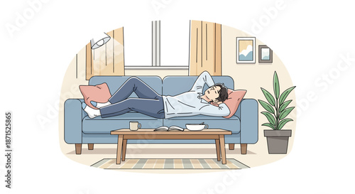 Man relaxing on a blue couch in a cozy living room.