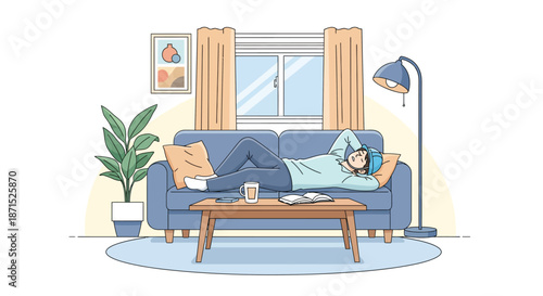 Relaxed woman lying on a blue sofa in a cozy living room.