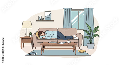 Woman relaxing on a couch in a cozy living room with a potted plant nearby.