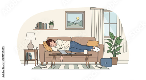 Woman relaxing on a couch in a cozy living room with modern decor.