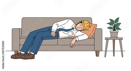 Man sleeping peacefully on a couch with a potted plant nearby.