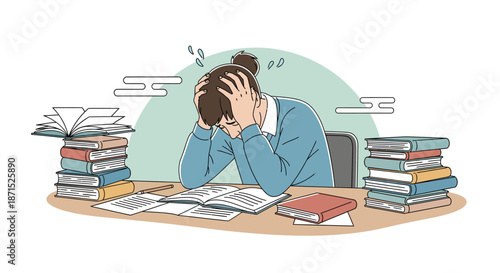 Overwhelmed student surrounded by piles of books and papers.