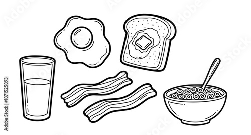 Set of hand-drawn breakfast food illustrations including a fried egg, toast with butter, bacon, milk, and cereal in a simple black and white doodle line art style