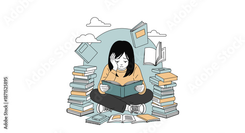Young woman reading a book surrounded by stacks of books.