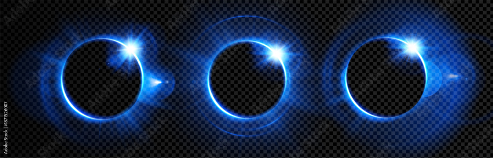 Naklejka premium Blue halo black background circle halo magic with eclipse neon circular. Star beam glowing and blue hologram energy with digital transparent light. Burst blue ellipse and tech circle space.