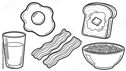 Set of hand-drawn breakfast food illustrations including a fried egg, toast with butter, bacon, milk, and cereal in a simple black and white doodle line art style