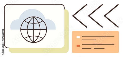 Cloud technology, global connectivity, network data, online communication, digital services, web integration. Globe inside a cloud icon with interface details. Cloud technology and global