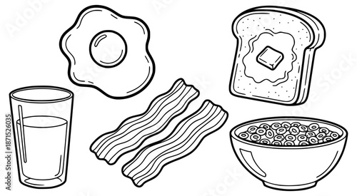 Set of hand-drawn breakfast food illustrations including a fried egg, toast with butter, bacon, milk, and cereal in a simple black and white doodle line art style