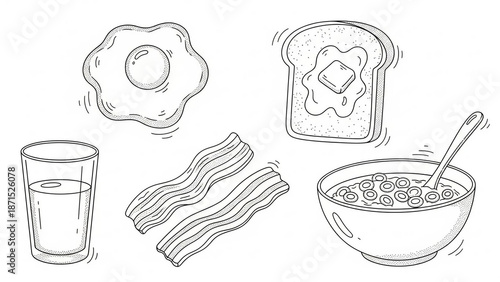 Set of hand-drawn breakfast food illustrations including a fried egg, toast with butter, bacon, milk, and cereal in a simple black and white doodle line art style